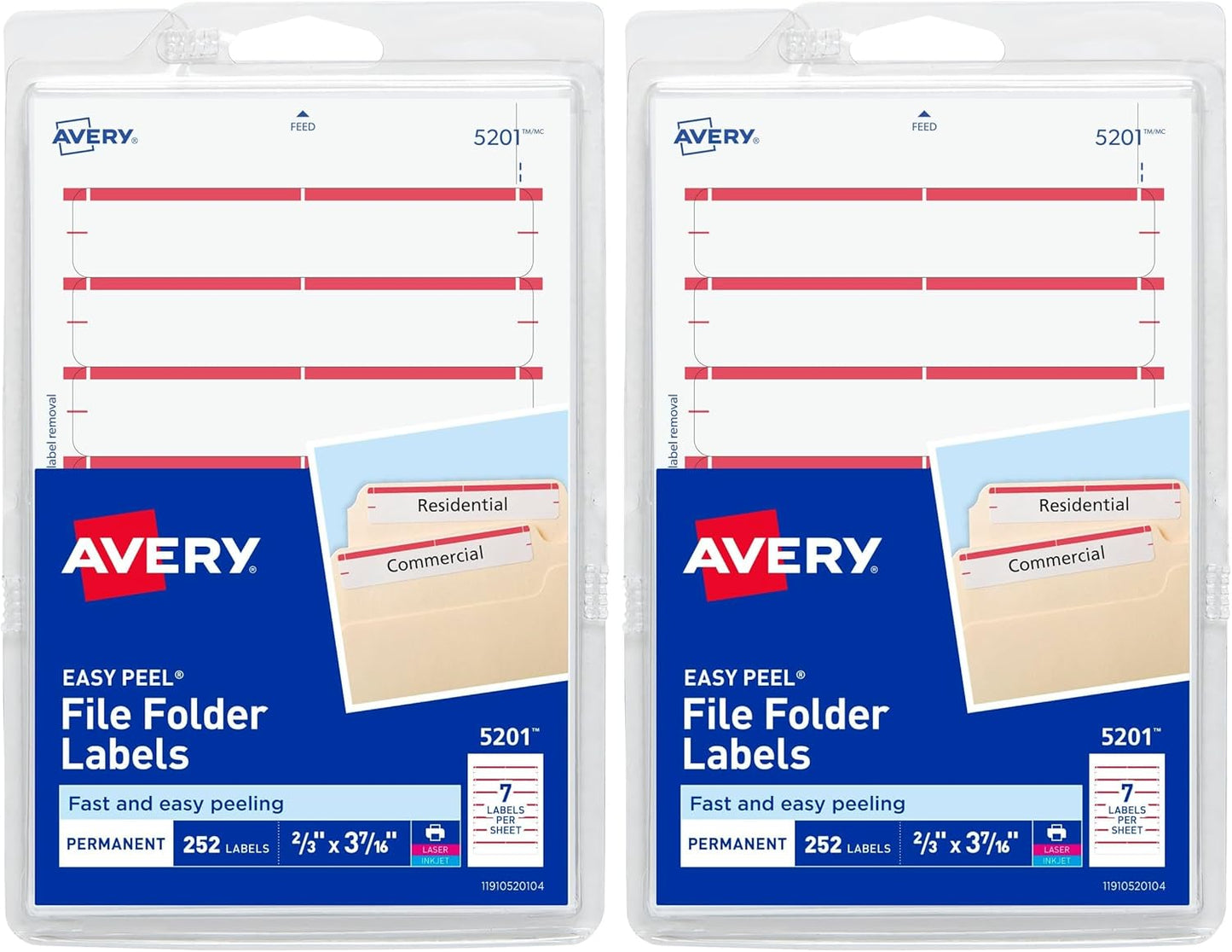 Avery File Folder Labels on 4" x 6" Sheets, Easy Peel, White/Red, Print & Handwrite, 2/3" x 3-7/16", 252 Labels (5201)