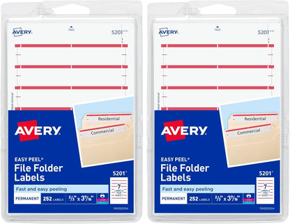 Avery File Folder Labels on 4" x 6" Sheets, Easy Peel, White/Red, Print & Handwrite, 2/3" x 3-7/16", 252 Labels (5201)
