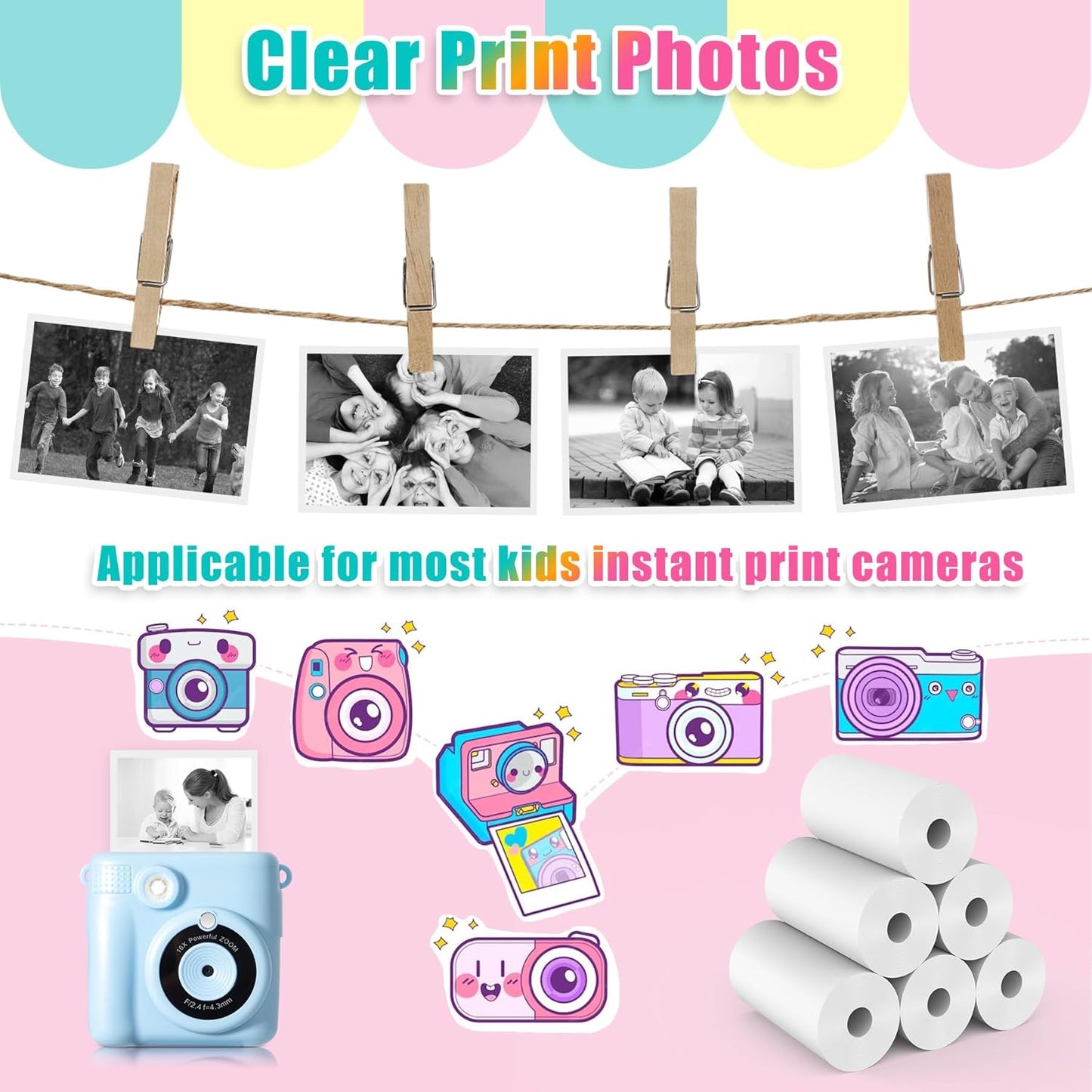 12 Rolls Instant Print Camera for Kids Refill Print Paper - Hikkon Thermal Print Paper Rolls Photo Print HD Printing for Most Kids Instant Camera - Paper Only(White-12)