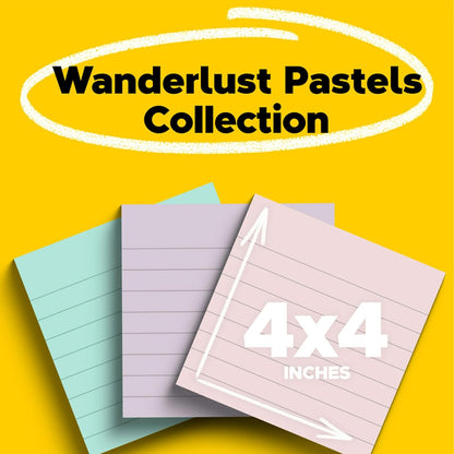 Post-it 100% Recycled Paper Super Sticky Notes, 4 in. x 4 in., 3 Pads, 70 Sheets per Pad, Wanderlust Pastels, School Supplies and Office Products