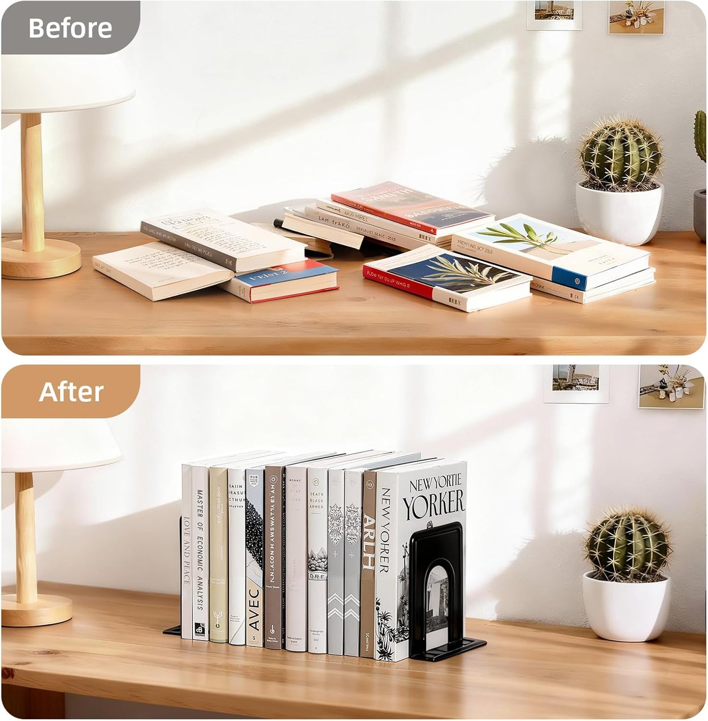 HappyHapi Book Ends, Metal Bookends for Shelves, Non-Skid Book End to Hold Books, Black Book Stopper/Holder for Office Home Kitchen, 5.7X 4.9 X 6.5 in, 3 Pair(6 Pcs, Large)