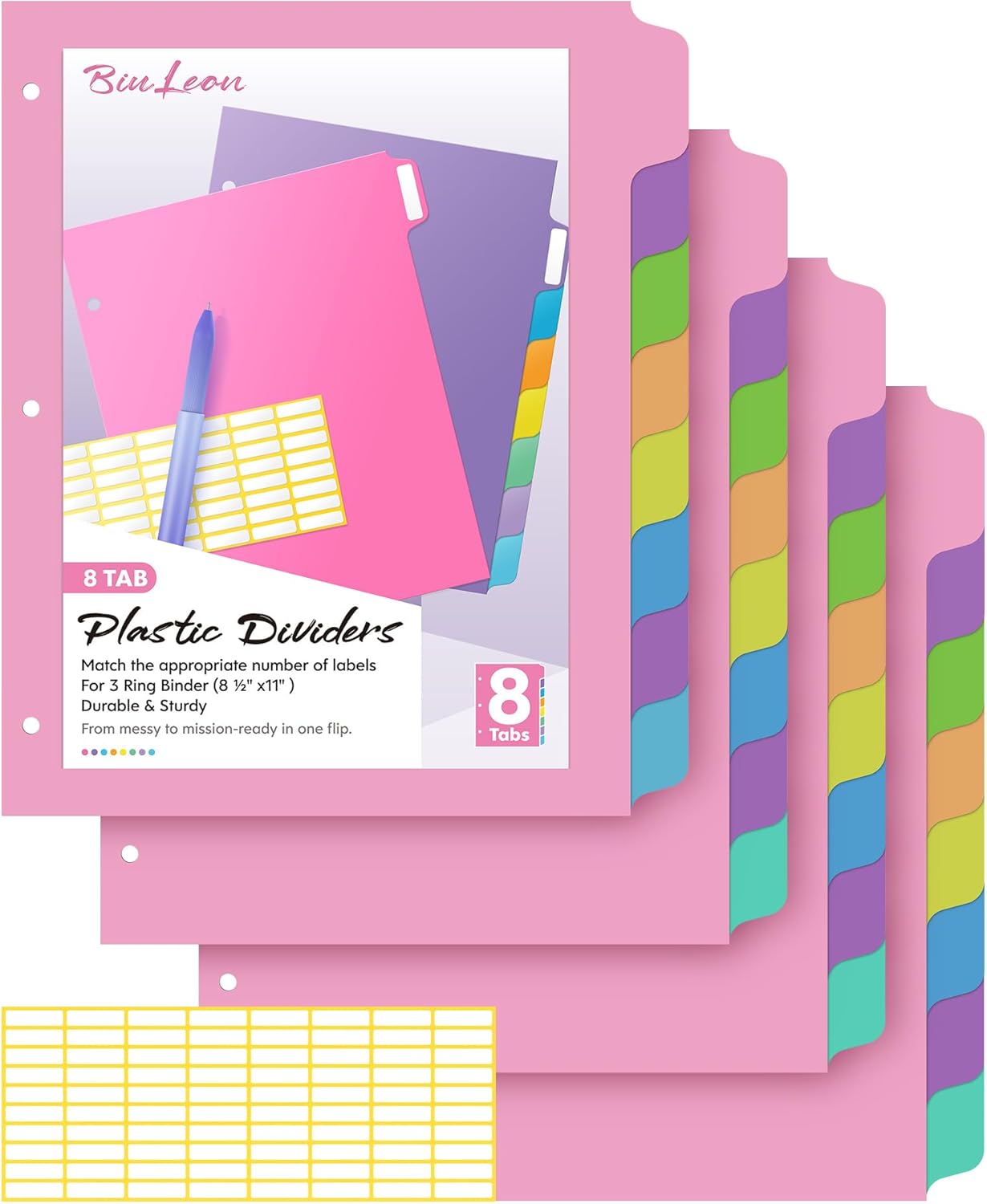 16 PCS 8 Tab Binder Dividers for 3 Ring Binder,Thicken, Write & Erase Reusable Waterproof Plastic Binders for School & Office Files, 2 Set, Extra 40 Labels