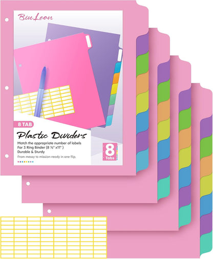 16 PCS 8 Tab Binder Dividers for 3 Ring Binder,Thicken, Write & Erase Reusable Waterproof Plastic Binders for School & Office Files, 2 Set, Extra 40 Labels