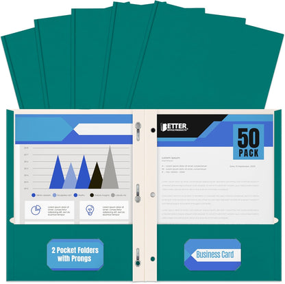 Better Office Products Blue Paper 2 Pocket Folders with Prongs, 50 Pack, Matte Texture, Letter Size Paper Folders, 50 Pack, with 3 Metal Prong Fastener Clips, Blue