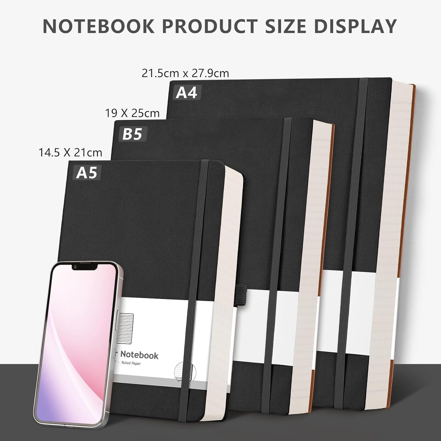 AHGXG 8.5''×11'' Notebook College Ruled - Large A4 Notebook Lined Journal - 320 Pages Thick Journal for Writing, 100gsm Thick Paper, Leather Softcover, for Work School - Black