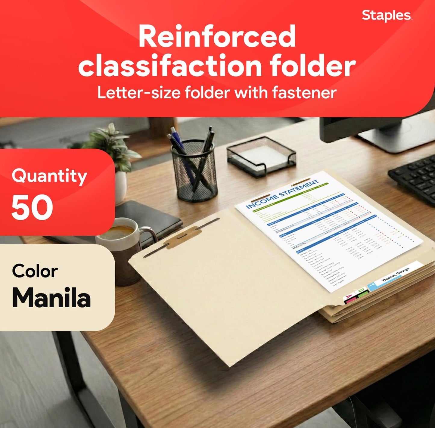 Staples Reinforced File Folder with Fasteners, Letter Size, Manila, Durable Paper Stock, 50/Pack