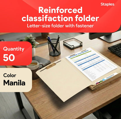Staples Reinforced File Folder with Fasteners, Letter Size, Manila, Durable Paper Stock, 50/Pack