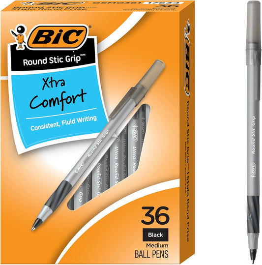 BIC Round Stic Grip Xtra Comfort Assorted Colors Ballpoint Pens, Medium Point (1.2mm), 36-Count Pack, Perfect Writing Pens With Soft Grip for Superb Comfort and Control