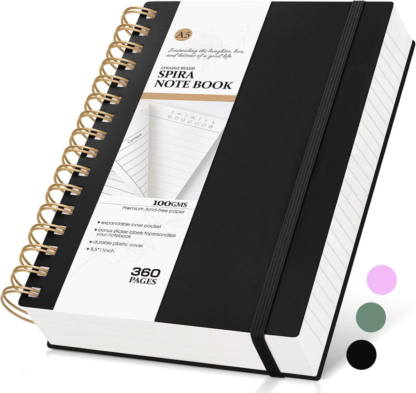 MUAHLIUB Spiral Notebook Journal College Ruled, 360 Pages Lined Thick Journals for Women Men, B5 Big Notebooks with 100GSM Paper, Spiral Bound Journaling for Writing Work School Black 7.6"×10"