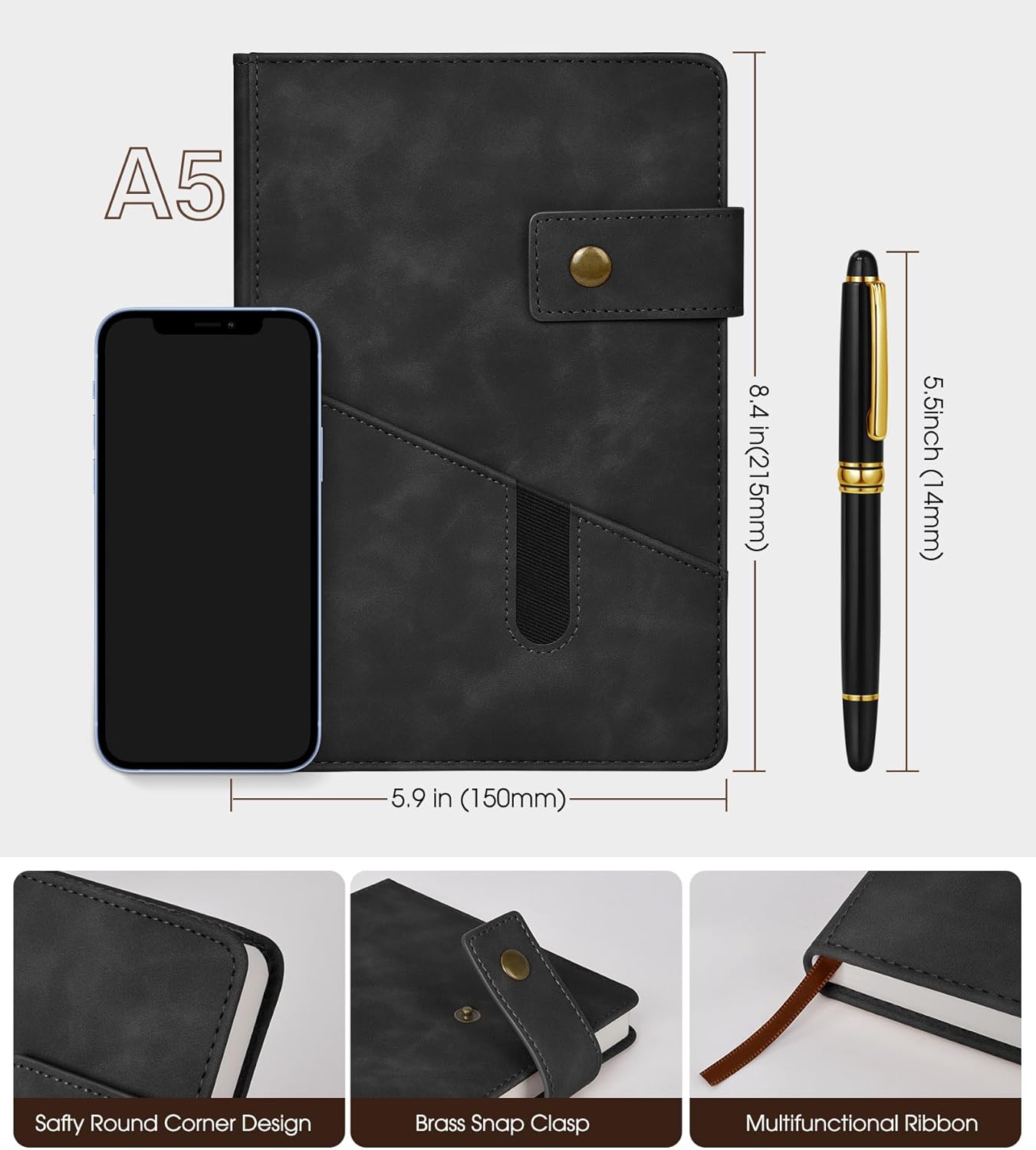 vfaejll A5 Lined Leather Journal Notebook,Hardcover Journal Set with Pen and Gift Box,100Pages 100gsm Thick Ruled Paper Daily Diary for Men Women School,Travel,Business,Work,Writing 5.9" X 8.4"