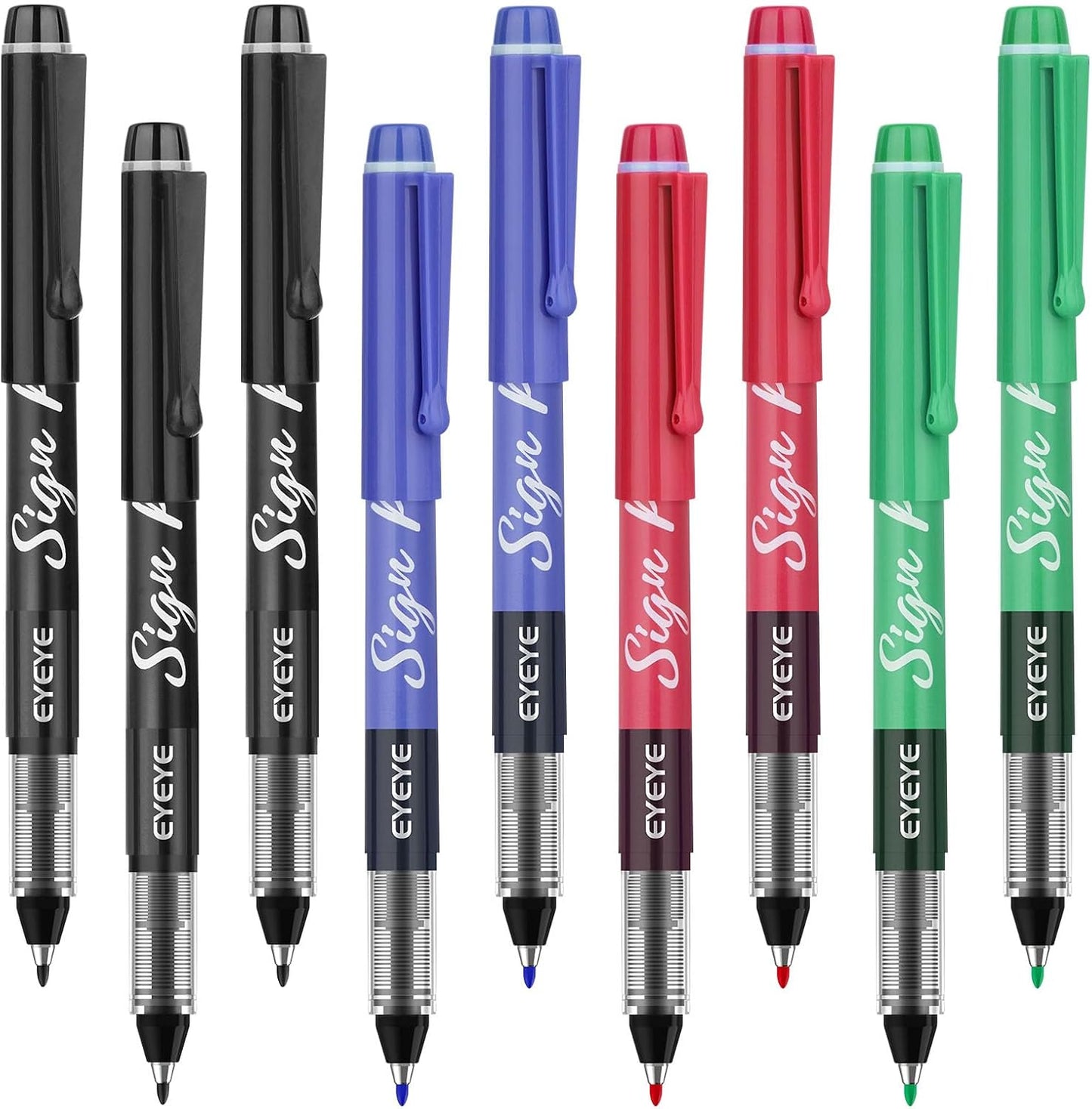 EYEYE Sign Pens 9 Pack (Black Blue Red Green)- 1.0mm Nib Tip - 0.6mm Line, Liquid Ink Sign Pen Smooth Writing - Fineliner Marker Pens Quick Drying