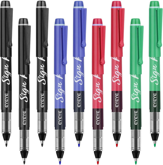 EYEYE Sign Pens 9 Pack (Black Blue Red Green)- 1.0mm Nib Tip - 0.6mm Line, Liquid Ink Sign Pen Smooth Writing - Fineliner Marker Pens Quick Drying