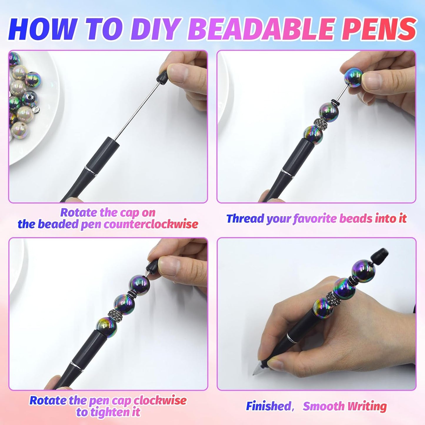 150 Pieces DIY Beadable Pen Kit – 50 Plastic Ballpoint Pens with Refills & Bags, Beads Not Included – School Supplies, Office Accessories & Craft Gifts for Students & Teachers (Multicolor)