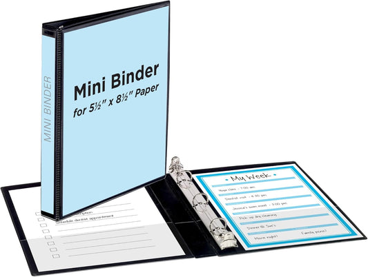 Avery Mini Durable View 3 Ring Binder, Holds 5.5" x 8.5" Paper, 0.5" Round Rings, 100-Sheet Capacity, 0.7 Inch Wide Spine, 1 Black Binder, Great for Home, School Supplies, Office, and More (27725)