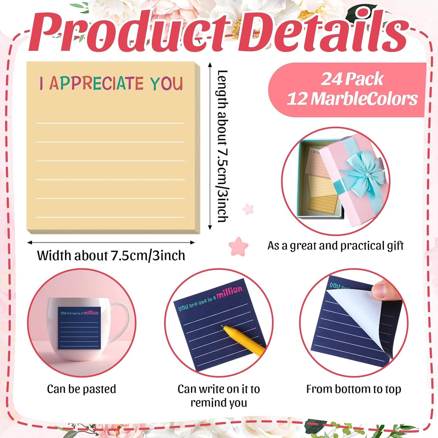 Yinder 48 Pcs Inspirational Sticky Notes Cute Motivational Sticky Notes Pad End of Year Employee Appreciation Gifts Bulk for Teacher Nurse Coworkers Office Supplies 3 x 3'' (Thank You,Dark Color)
