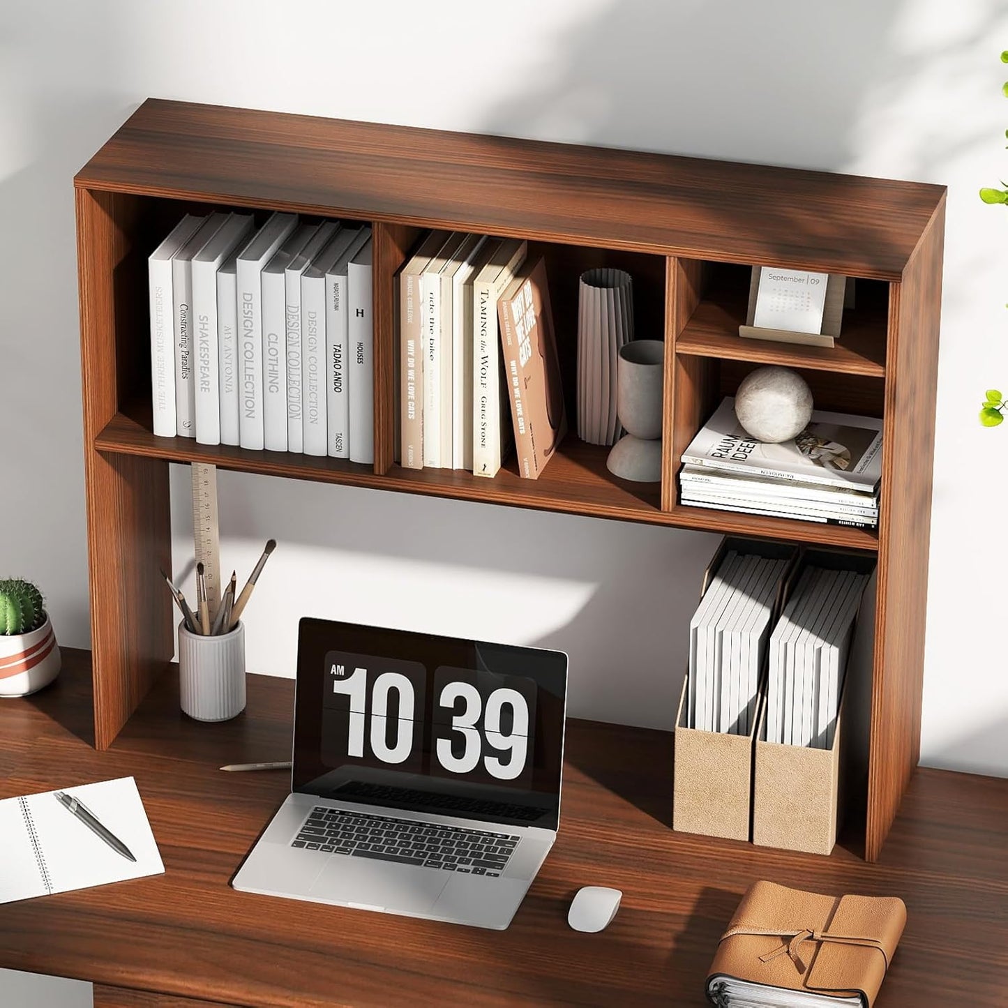 Tangkula Desktop Bookshelf, Countertop Storage Hutch with 5 Shelves for Computer Desk, Desk 3-Tier Display Rack, Multipurpose Wood Desktop Hutch Storage Organizer for Dorm Office Home