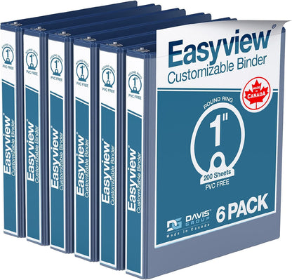 Easyview Premium 3-Ring Binders with Clear-View Covers and Round Rings, Binders for School or Office, 1 Inch, Pack of 6, Navy Blue