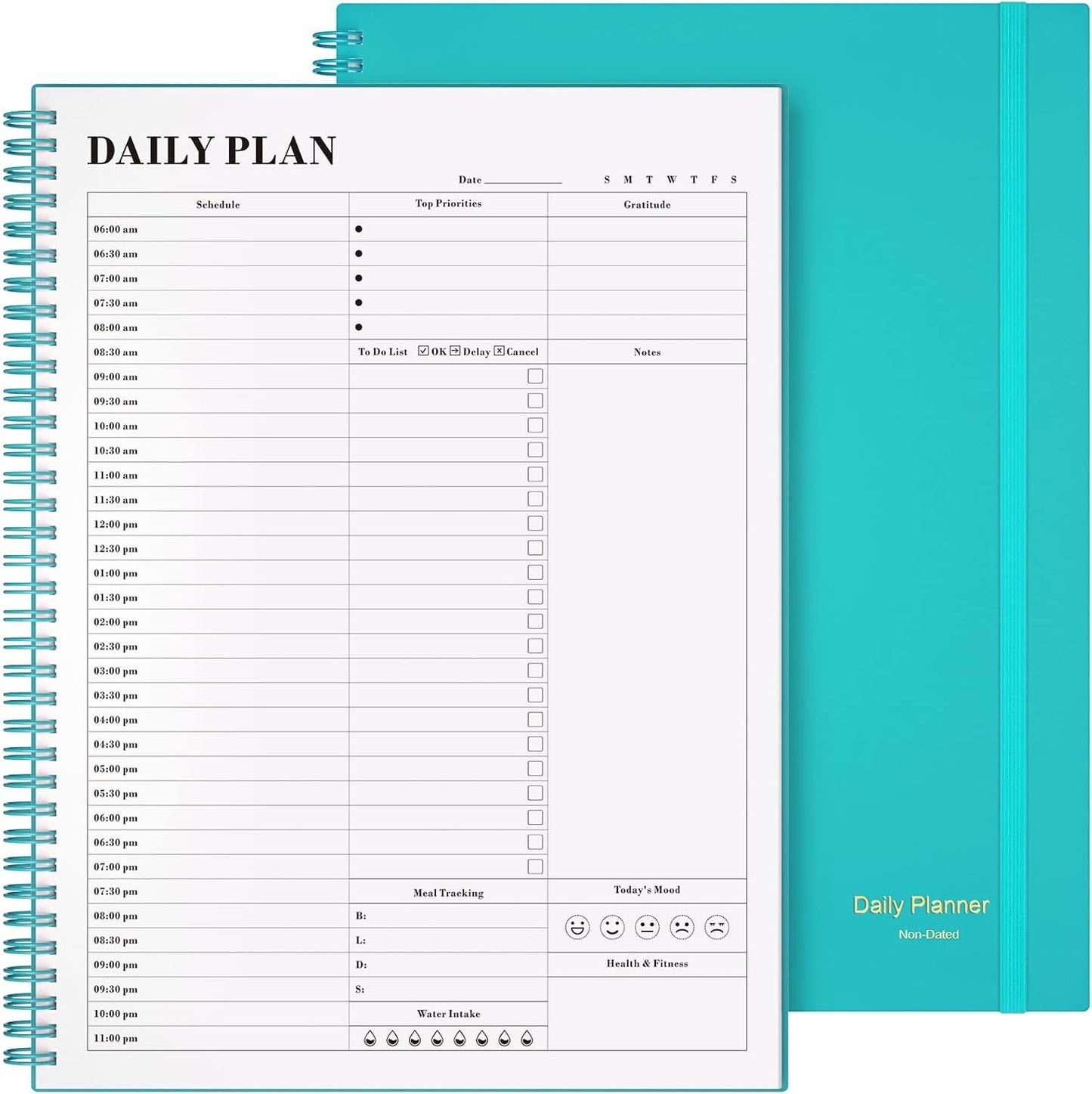 Daily Planner Undated, Asten To Do List Notebook Hourly Schedules Spiral Appointment Planner for Men and Women,PVC Hardcover,Elastic Closure, Inner Pocket 8.3" x 5.8" (Black)