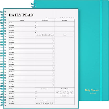Daily Planner Undated, Asten To Do List Notebook Hourly Schedules Spiral Appointment Planner for Men and Women,PVC Hardcover,Elastic Closure, Inner Pocket 8.3" x 5.8" (Black)