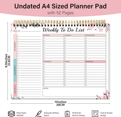 Weekly To Do List Notepad with 52 Undated Sheets（8.5"×11"）- Weekly Desk Planner Pad with Spiral Binding for Women & Man, Office, School and Home Personal Organizer