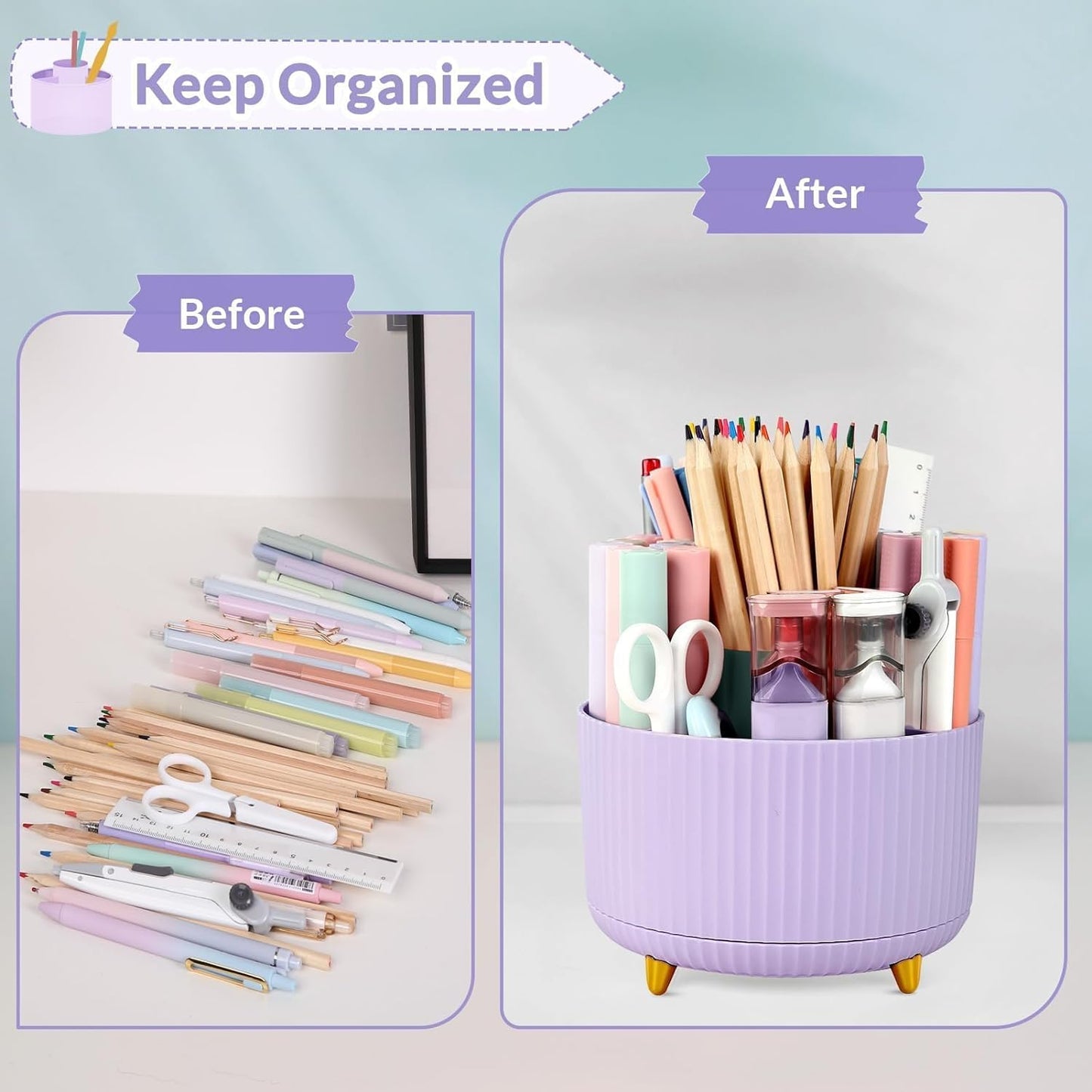 SKYDUE 360 Rotating Plastic Desk Pen Organizer with 5 Slots, Dual-Purpose Art Supply Pencil Cup for Office, School, Home