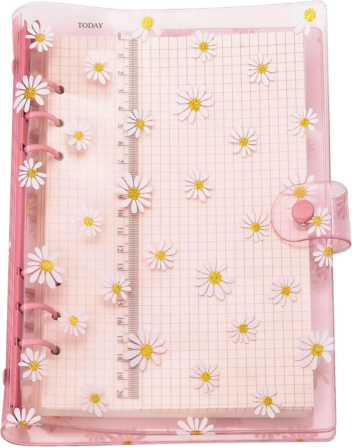 A6 A5 6-Holes Colorful PVC Cover Round Ring View Binder with Snap Button Closure File Folder for Loose Leaf Sheet Protectors Notebook Refill (Pink Daisy, A5 Mini Set) - Colors A