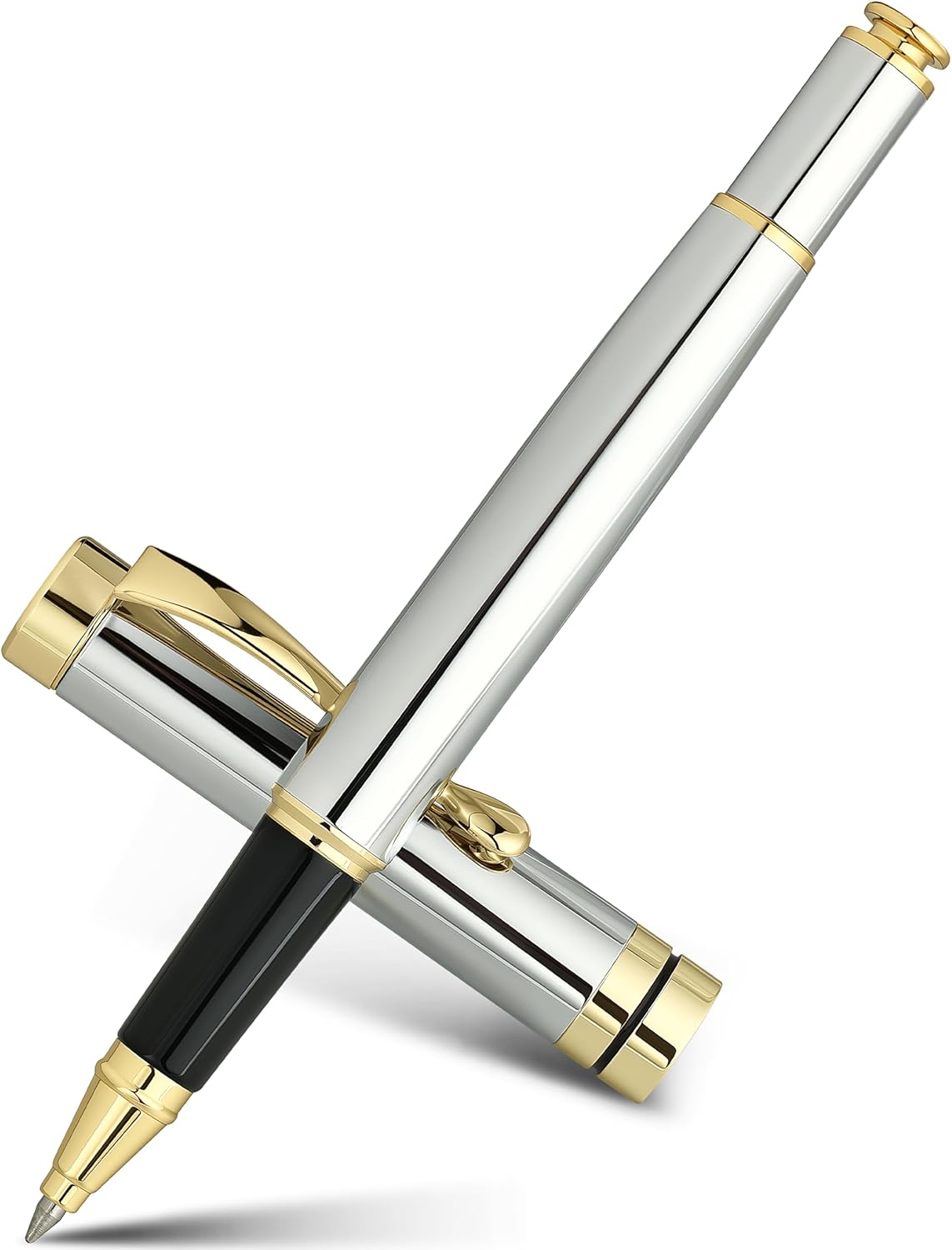 BEILUNER Ballpoint Pens, Stunning Black Chrome Metal Pen with Golden Trim, Best Ball Pen Gift Set for Men & Women, Professional, Executive, Office, Nice Pens-Gift Box with 0.5mm Black Extra Refill
