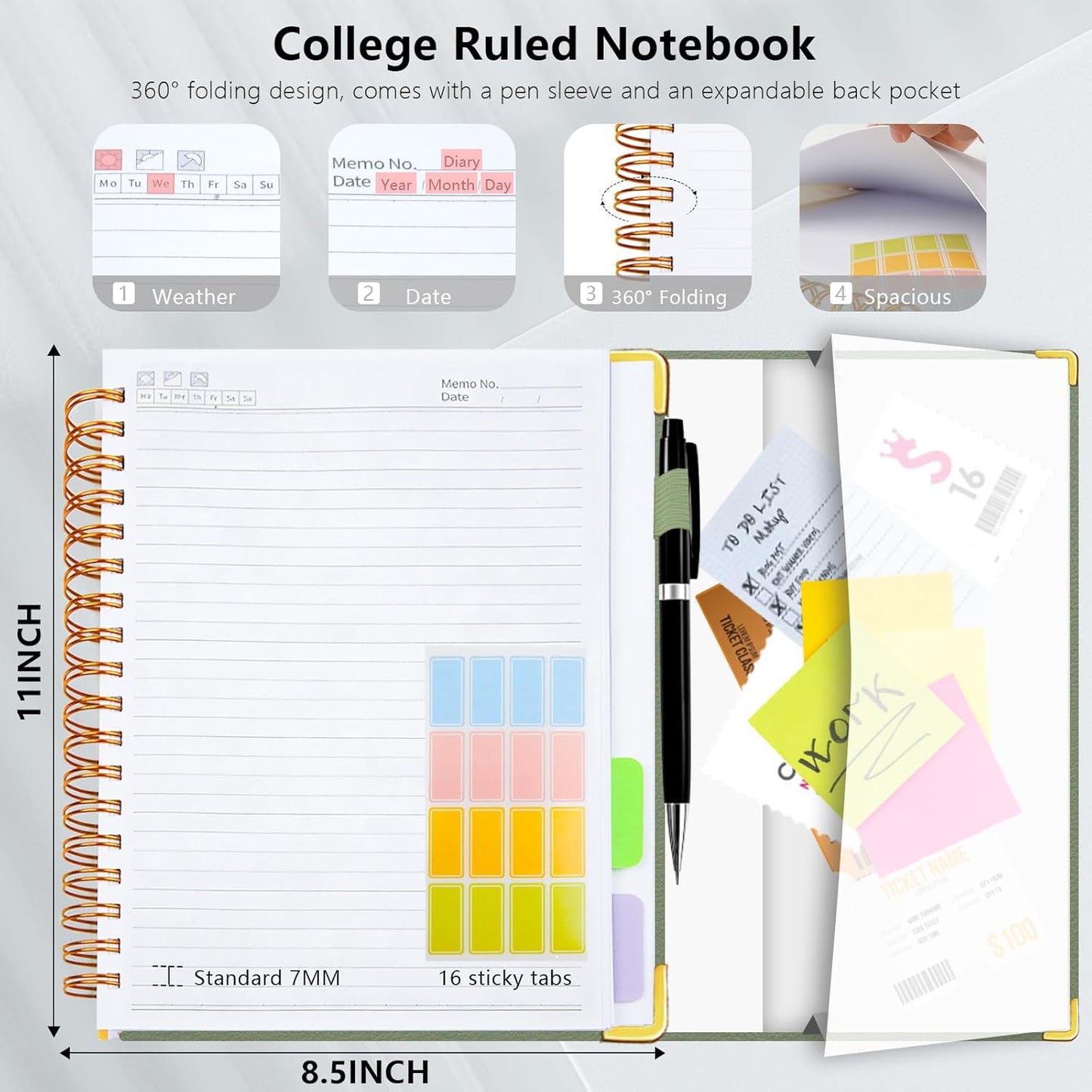 Hardcover Spiral Notebook College Ruled, 8"x10" Leather Journal Notebook with Magnetic Closure, 300 Pages 5 Subject Notebook with Dividers Tabs Journal for Women Men, Work, School(Rose Red)