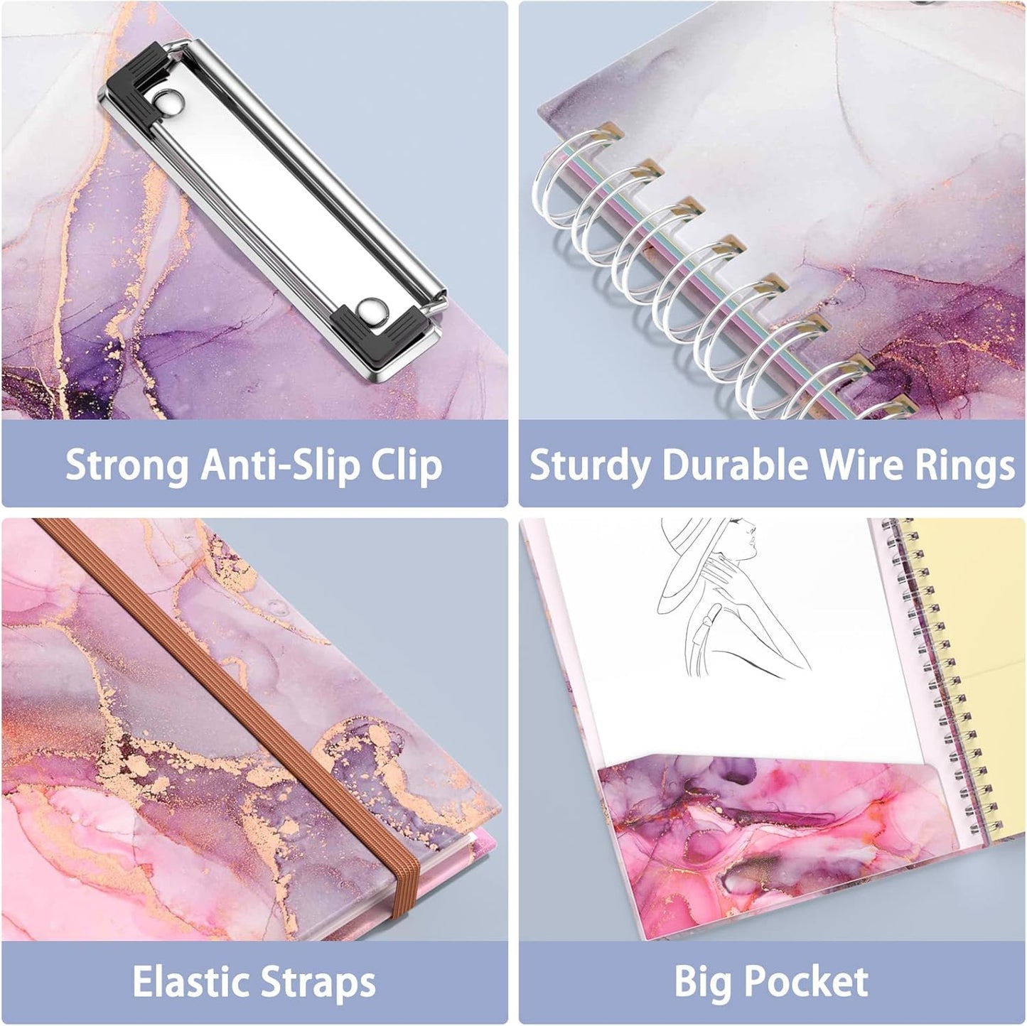 Rimilak Spiral Clipboards Folio with Refillable Lined Notepad, 14.5 x 9.8 In, Hardcover Cover with 5 Interior Pockets, Elastic Band and Pen Loop Series. Cute Stylish Clipfolio, Daisy Flower