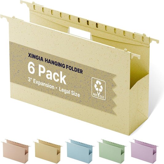 XINGIA Legal Size Hanging File Folders with Tabs,Extra Capacity 3" Expandable Plastic Hanging Files Folders for Bulky Files,6 Pack Wheat Straw Filing Cabinet Folders for Office School,Assorted Colors