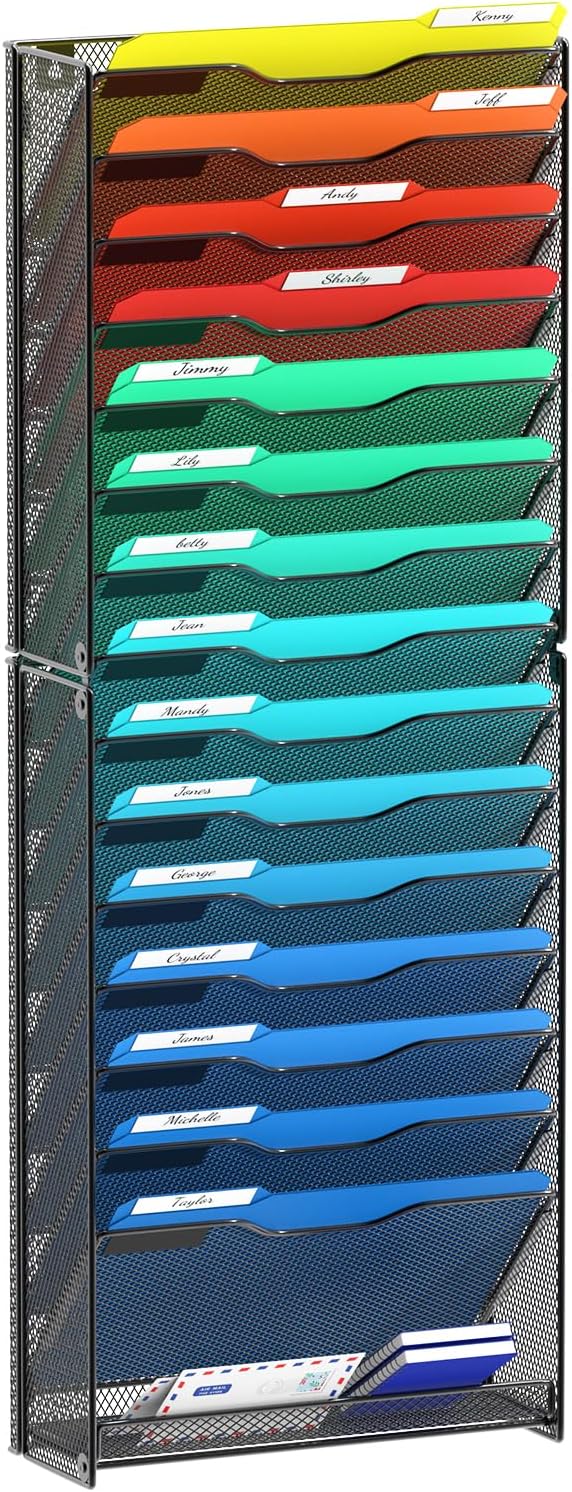 samstar 10 Tier Wall File Organizer, Hanging Wall Mount File Holder Paper Folder Mail Organizer, Mesh Metal, Black.