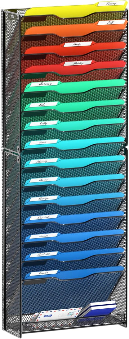 samstar 10 Tier Wall File Organizer, Hanging Wall Mount File Holder Paper Folder Mail Organizer, Mesh Metal, Black.