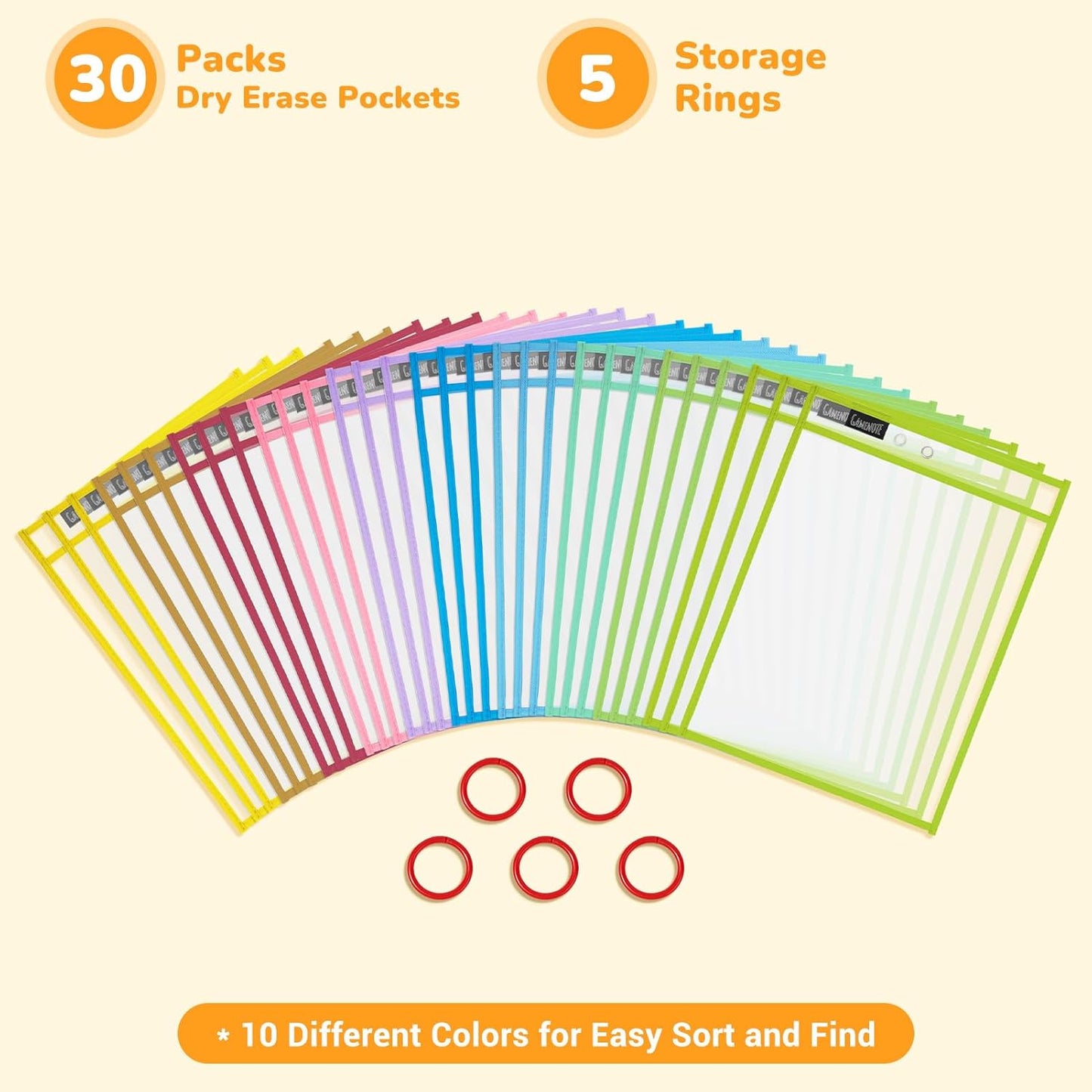 Gamenote Dry Erase Pockets 30 Pack with Rings, Oversized Reusable Plastic Sleeves Shop Job Ticket Holders Sheet Protectors Teacher Supplies Organization for Classroom Must Have, 10x14 Inches (Black)