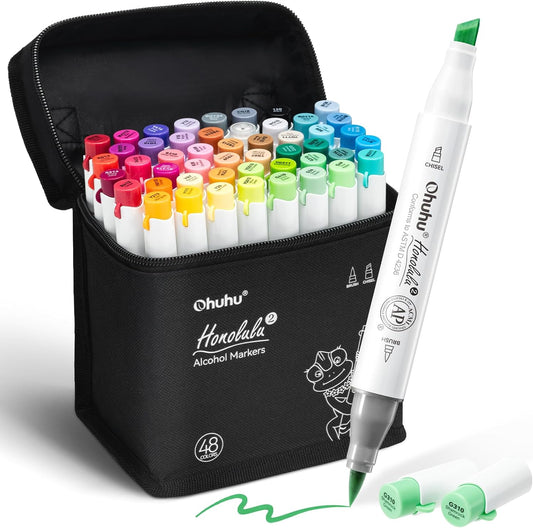Ohuhu Alcohol Markers Brush and Fine Tip - 48-Color Alcohol-based Art Sketch Marker Set for Artist Adults Coloring Illustration - Brush and Fine Dual Tips- Honolulu 2B - Refillable - AP Certificated