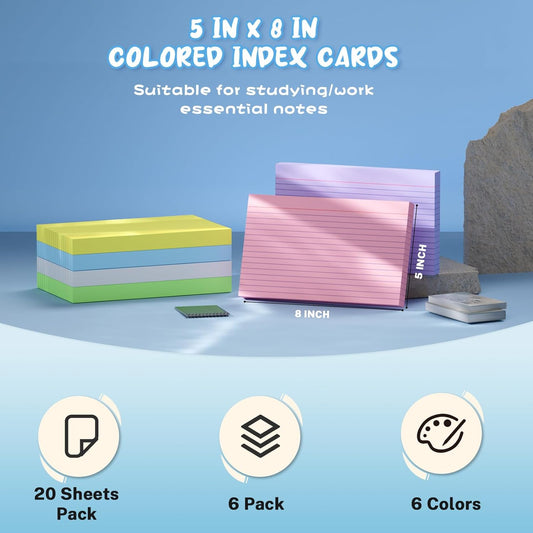 Colored Index Cards 3x5, 300 Count Flashcards for Studying, 6 Bright Colors Note Cards 3x5, 50 Sheets Per Color, Colored Notecards 3x5 Lined, Colorful Index Cards Ruled for School, Office and Home