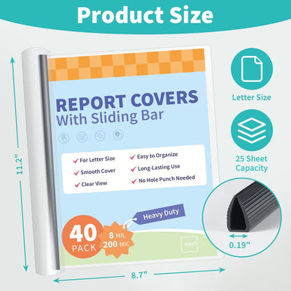 Binditek 12 Pack Clear Report Covers with Black Sliding Bars, 70 Sheet Capacity, 9mm Binding Bars, Letter Size, 5.5 Mil Thick, Black, for Students and Coworkers
