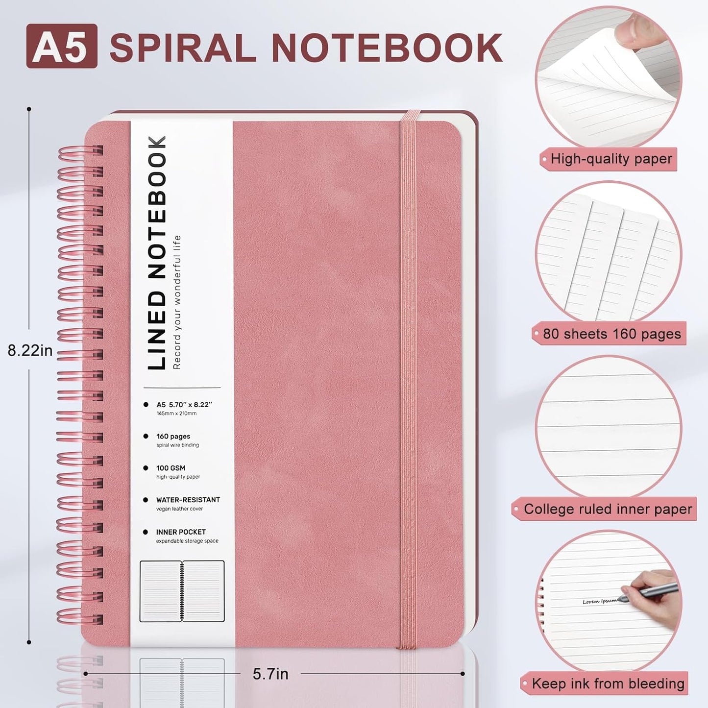 ABERLLS Lined Spiral Journal Notebook with 160 Pages, 8×5.7in, A5 Spiral Notebook, Journaling Notebooks for Work, School, Women, Men, College Ruled Spiral Notebook, Hardcover Leather Journals, Blue