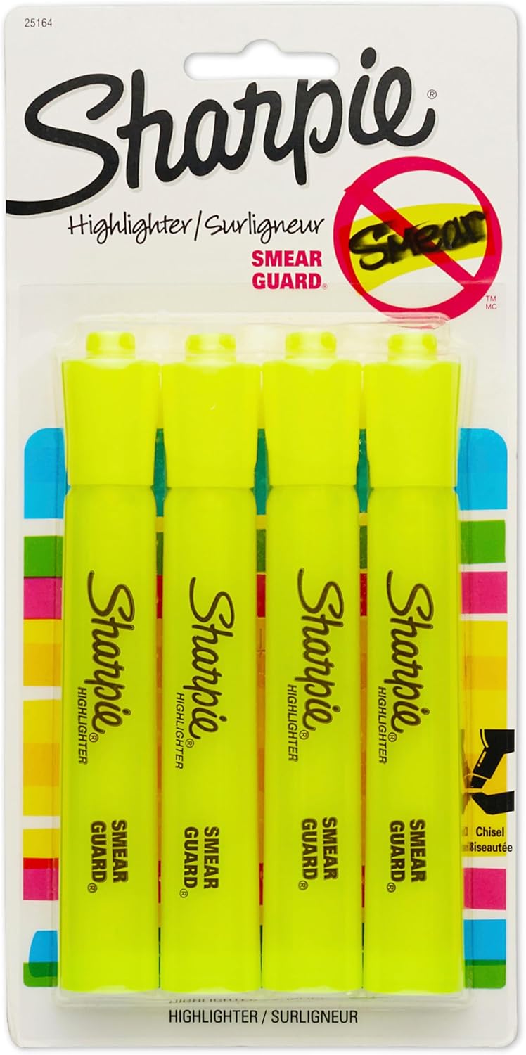 Sharpie Tank Style Highlighters, Fluorescent Yellow, Chisel Tip, 4 Count