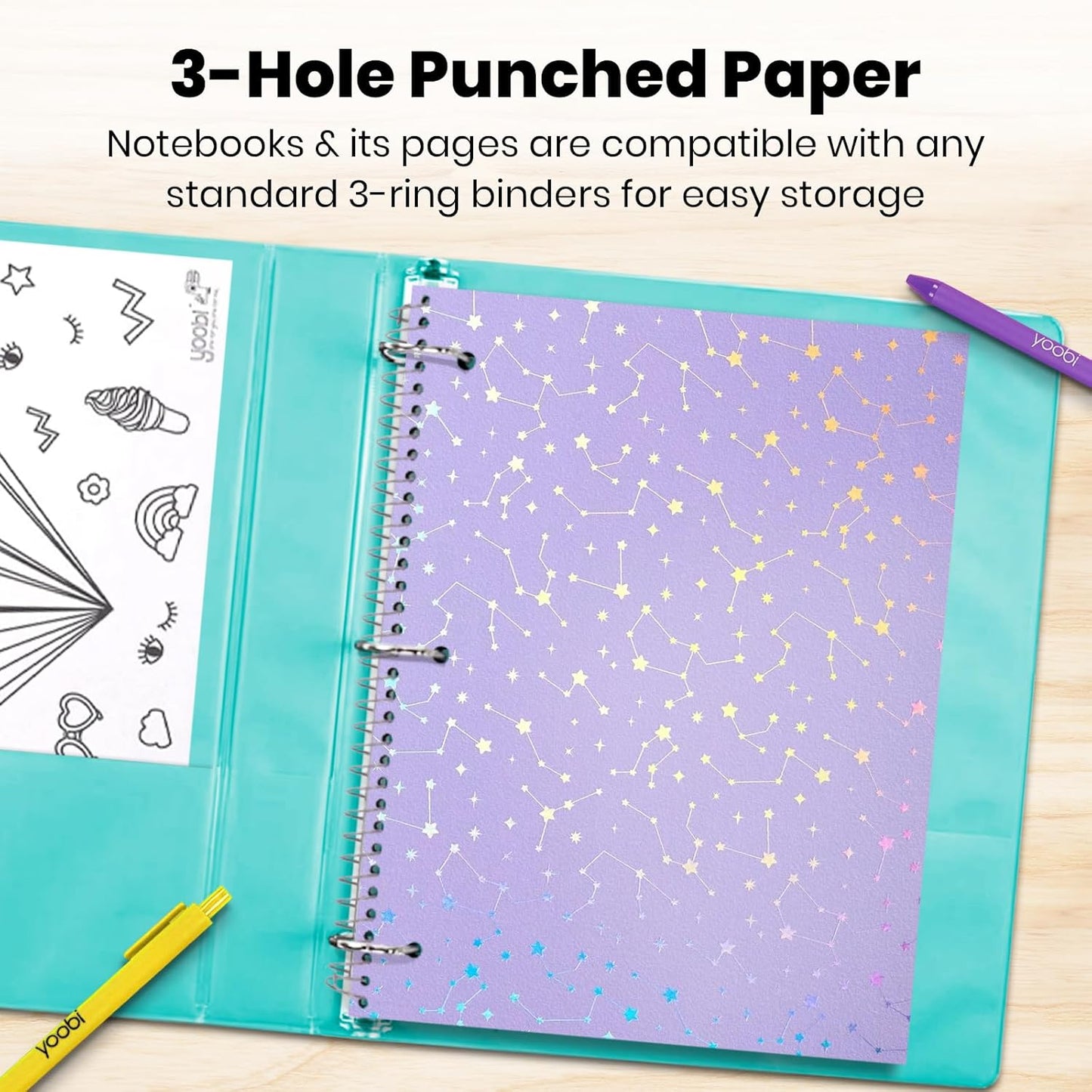 Yoobi College Ruled 8 x 10.5” Spiral Notebook Set – 3-Pack of 1 Subject Notebooks, Pink, Purple & Black Celestial Patterns – 150 Perforated 3-Hole Punched Sheets