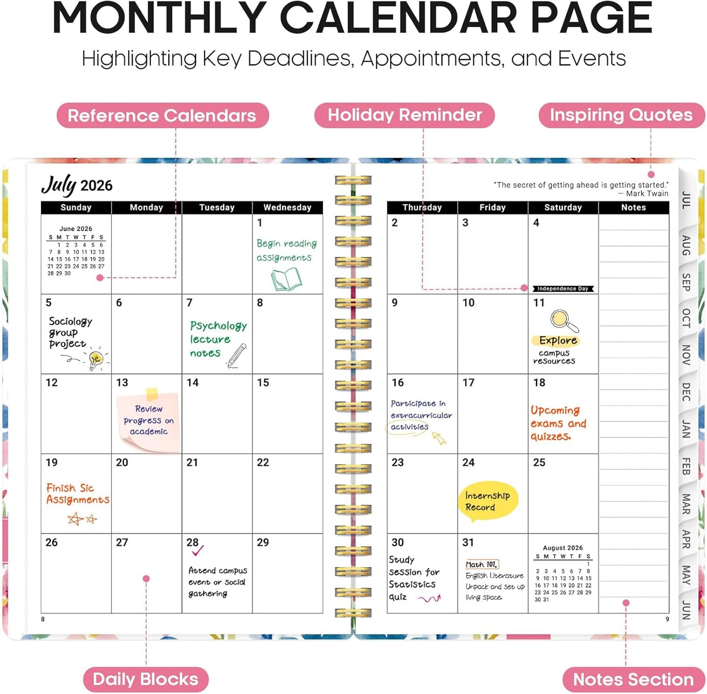 Planner 2026-2027, Academic Year Monthly and Weekly Calendar Planner, Jul 2026 - Jun 2027, Hardcover Teacher Student Planning Agenda book with Tabs, Perfect for School Office Supplies, 6.3" x 8.5" - Wildflowers