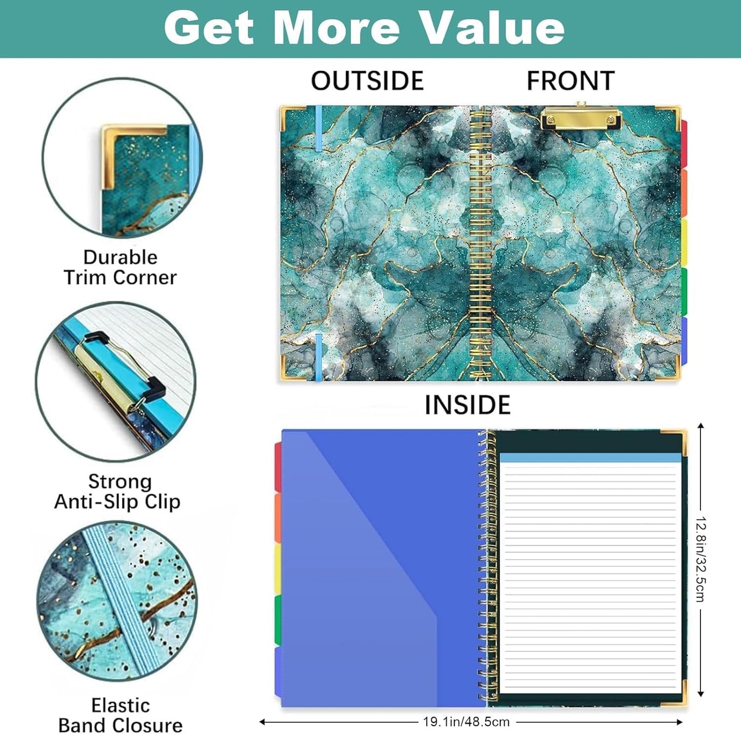 Clipboard Folio with Refillable Notepads, Marble Clipfolio with 5 Dividers with 10 Pockets, Spiral Clipboard Folder Design for School, Office, Work, Teacher, Students, Nurses (Green, 9.4 x 12.8)