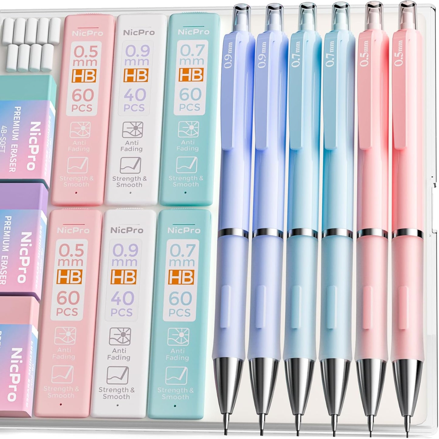 Nicpro 3PCS Cute Mechanical Pencil Set with Case, 0.7 mm Pencils with 6 Tube HB Lead Refill, 3PCS Eraser, 9PCS Eraser Refill for School Supplies Student Writing, Drafting Drawing Sketching