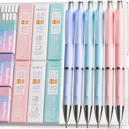 Nicpro 3PCS Cute Mechanical Pencil Set with Case, 0.7 mm Pencils with 6 Tube HB Lead Refill, 3PCS Eraser, 9PCS Eraser Refill for School Supplies Student Writing, Drafting Drawing Sketching