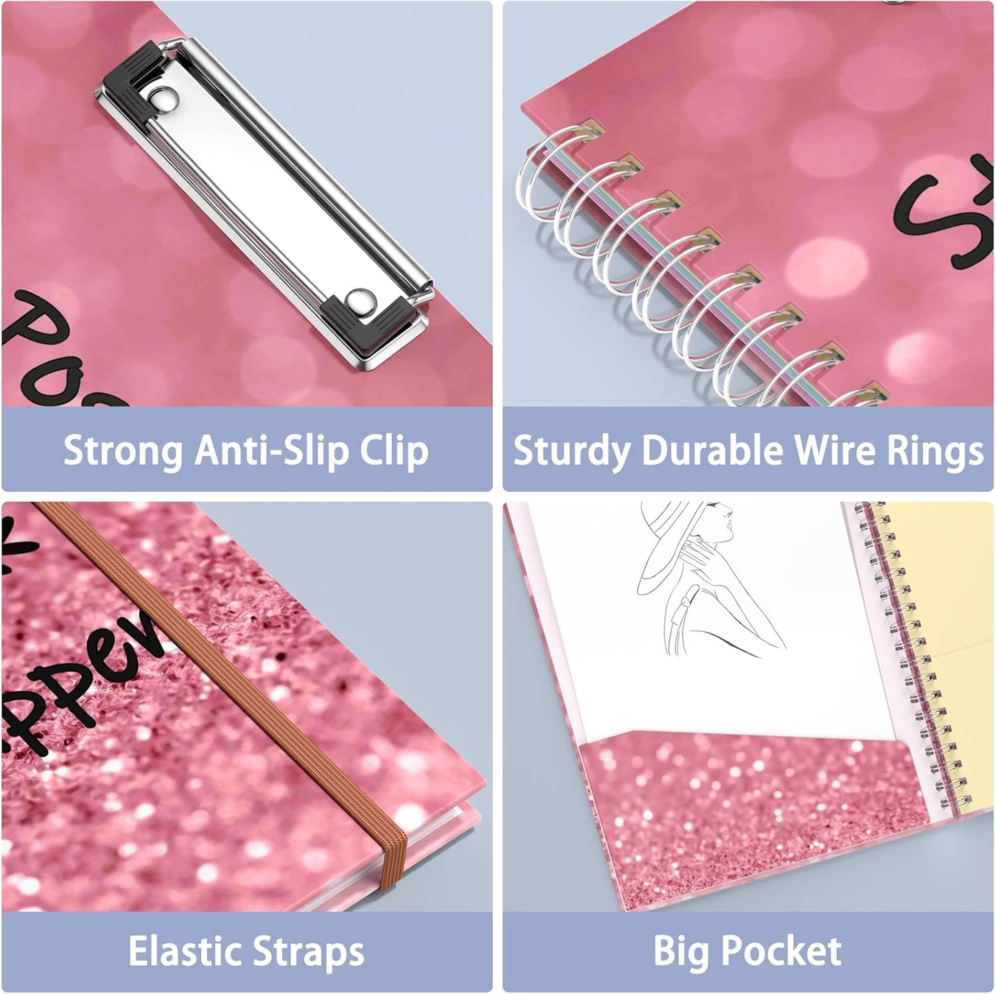 Rimilak Spiral Clipboards Folio with Refillable Lined Notepad, 14.5 x 9.8 In, Hardcover Cover with 5 Interior Pockets, Elastic Band and Pen Loop Series. Cute Stylish Clipfolio, Daisy Flower