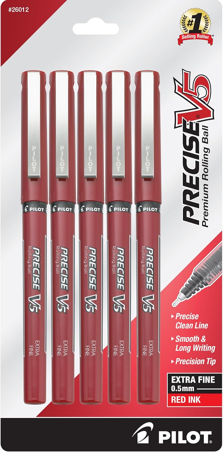 PILOT Precise V5 Stick Liquid Ink Rolling Ball Stick Pens, Extra Fine Point (0.5mm) Black Ink, 5-Pack (26010)
