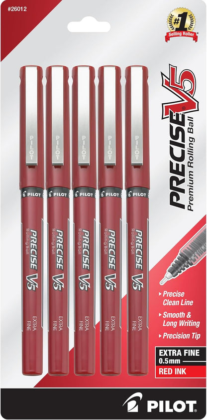 PILOT Precise V5 Stick Liquid Ink Rolling Ball Stick Pens, Extra Fine Point (0.5mm) Black Ink, 5-Pack (26010)