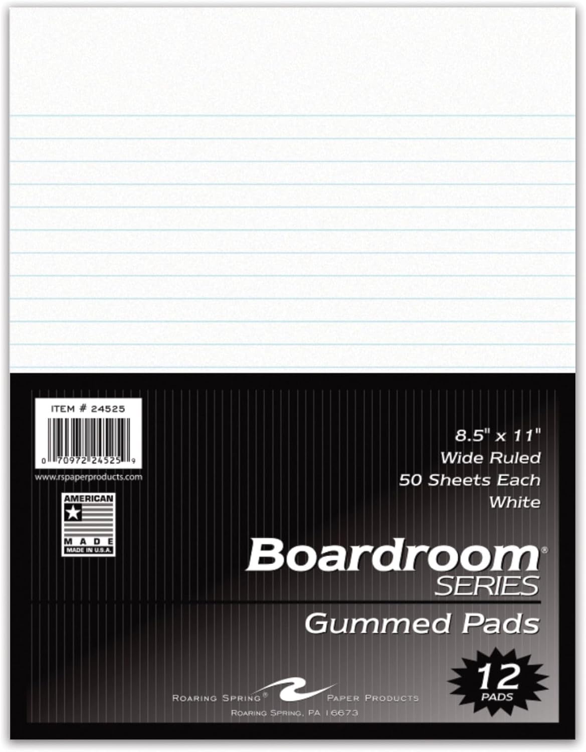 Roaring Spring Boardroom Series Wide Ruled Gummed Glue Top Legal Pads, 12 Pack, 8.5" x 11" 50 Sheets, White Paper