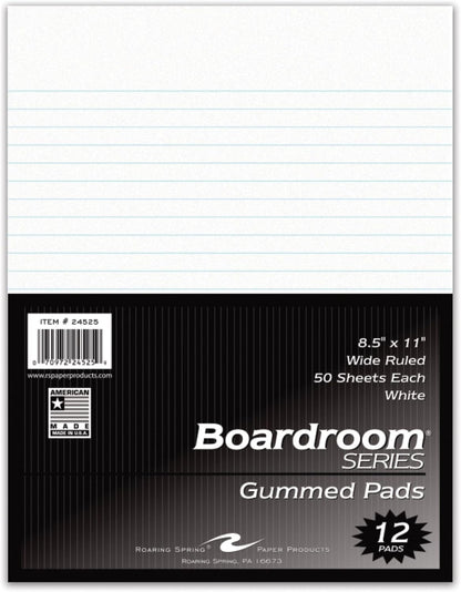 Roaring Spring Boardroom Series Wide Ruled Gummed Glue Top Legal Pads, 12 Pack, 8.5" x 11" 50 Sheets, White Paper