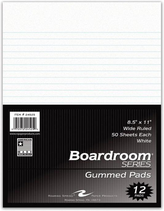 Roaring Spring Boardroom Series Wide Ruled Gummed Glue Top Legal Pads, 12 Pack, 8.5" x 11" 50 Sheets, White Paper