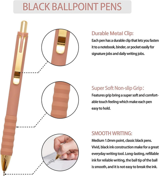 Linbsunne Ballpoint Pens Black Medium Point 1mm Pen with Super Soft Grip Ball Point Pen for Men Women Retractable Pens (gold-12 pcs)